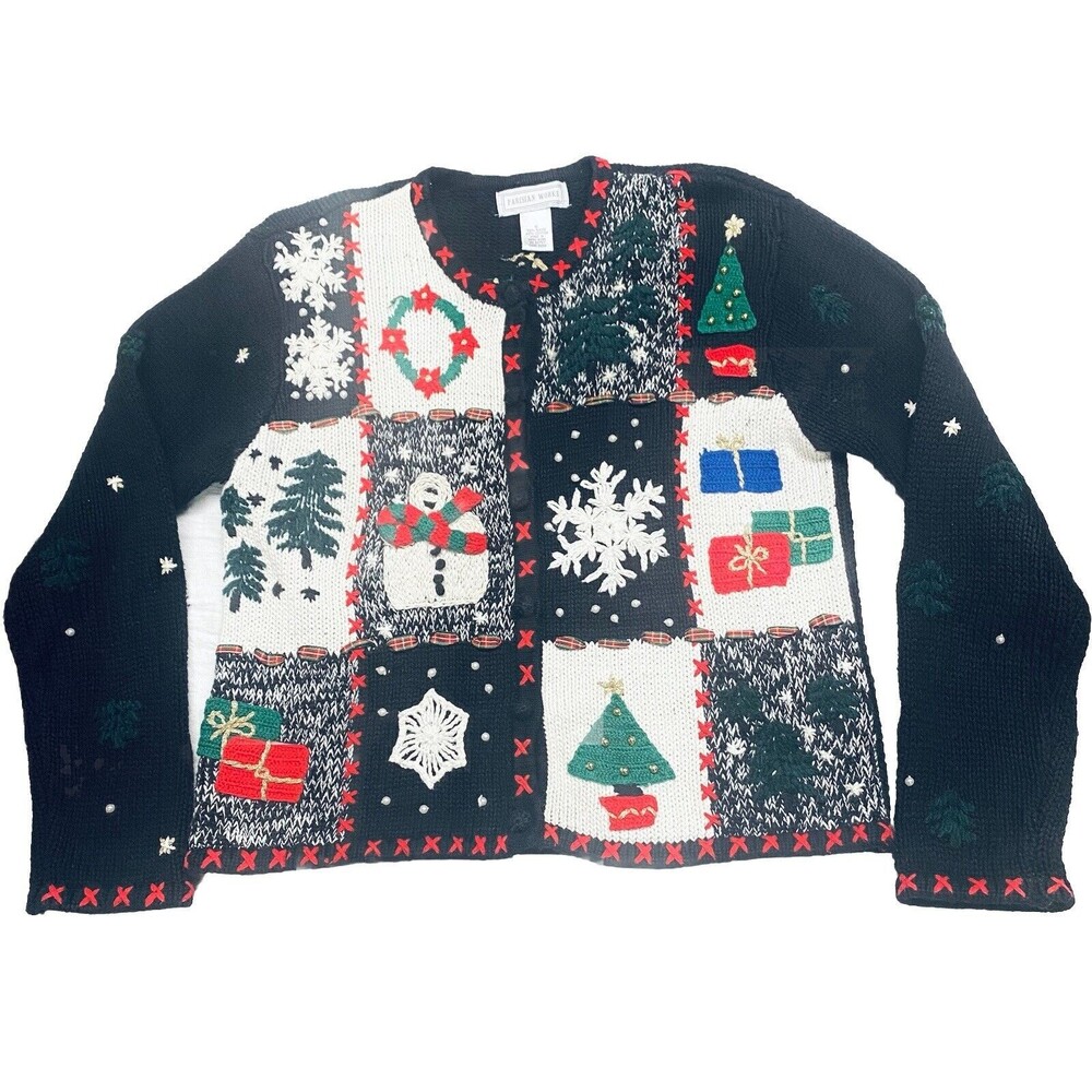 Vintage Parisian Works Christmas Cardigan Sweater Embellished Trees Snowman Sz S